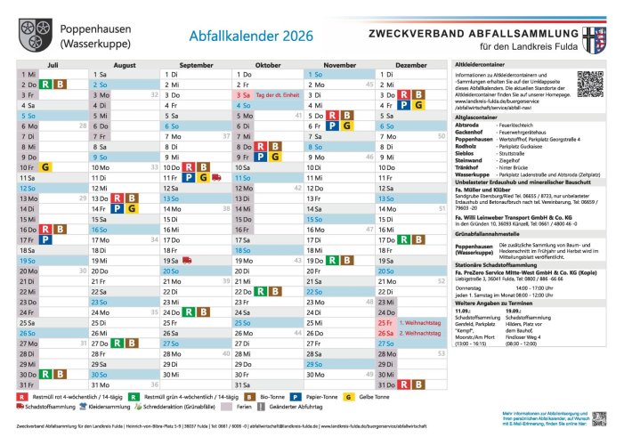 Abfallkalender Seite 2 Abfallkalender 2026 für Poppenhausen (Wasserkuppe) mit Abfuhrterminen von Juli bis Dezember für Restmüll, Biomüll, Papier und Gelbe Tonne sowie Informationen zu Sammelstellen und Sonderterminen.