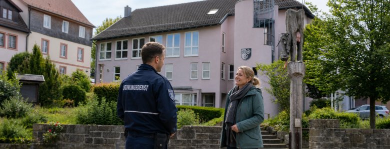 Freundliches Gespräch auf dem Rathausplatz Vor dem Rathaus Poppenhausen unterhält sich ein Mitarbeiter des kommunalen Ordnungsdienstes in dunkelblauer Uniform freundlich mit einer Bürgerin; im Hintergrund sind der Rathausgarten und Bäume zu sehen.