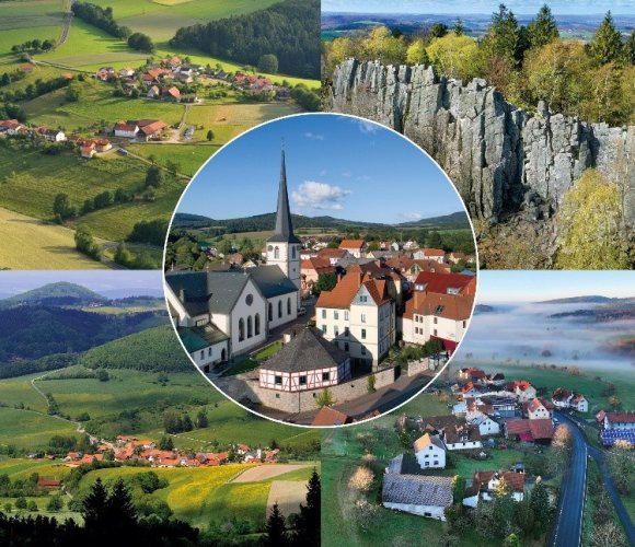 Eine Collage der Ortsteile Mitte: Kernort: (zu sehen: die Kirche mit Pfarrhaus und Bücherei im Vordergrund) Rechts oben: Steinwand (zu sehen: der Felsen) – rechts unten: Rodholz Links oben Gackenhof – links unten: Abtsroda (zu sehen: Sieblos)