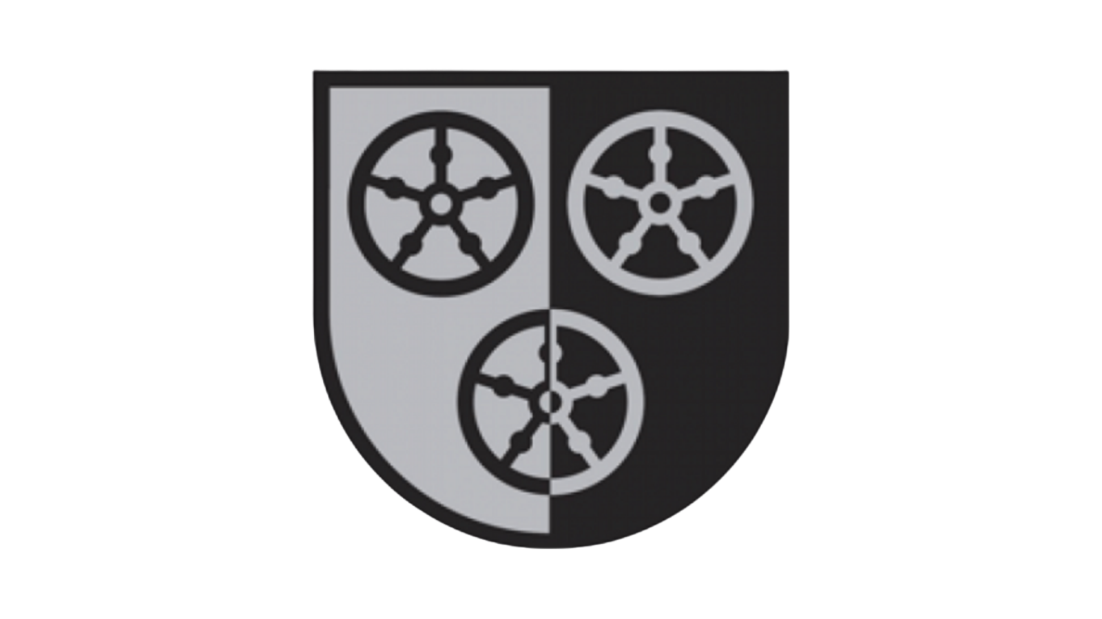 Wappen der Gemeinde Poppenhausen (Wasserkuppe), in silbernem und schwarzem, senkrecht geteiltem Schild drei 5-speichige Räder 2:1 gestellt in verwechselten Farben.